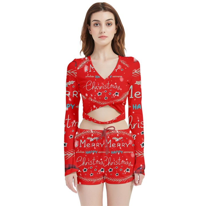 Merry, Happy Christmas, Christmas Gnome Velvet Wrap Crop Top and Shorts Set