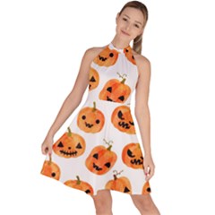 Orange Carved Pumpkins, Adoxali, Halloween Sleeveless Halter Neck A-line Dress by kyorashop23