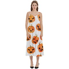 Orange Carved Pumpkins, Adoxali, Halloween Casual Spaghetti Strap Midi Dress