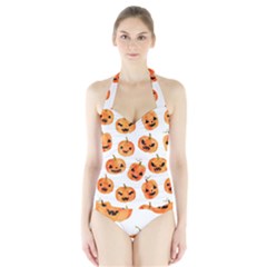 Orange Carved Pumpkins, Adoxali, Halloween Halter Swimsuit by kyorashop23