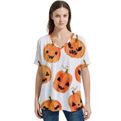 Orange Carved Pumpkins, Adoxali, Halloween V-neck Split Shoulder Casual T-shirt by kyorashop23