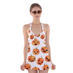 Orange Carved Pumpkins, Adoxali, Halloween Halter Dress Swimsuit  by kyorashop23