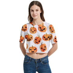 Orange Carved Pumpkins, Adoxali, Halloween Women s Round Neck Short Sleeve Crop Top