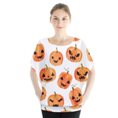 Orange Carved Pumpkins, Adoxali, Halloween Batwing Chiffon Blouse