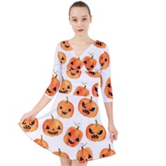 Orange Carved Pumpkins, Adoxali, Halloween Quarter Sleeve Front Wrap Dress by kyorashop23