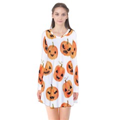 Orange Carved Pumpkins, Adoxali, Halloween Long Sleeve V-neck Flare Dress by kyorashop23