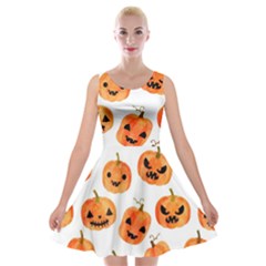 Orange Carved Pumpkins, Adoxali, Halloween Velvet Skater Dress