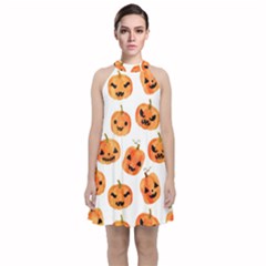 Orange Carved Pumpkins, Adoxali, Halloween Velvet Halter Neckline Dress 