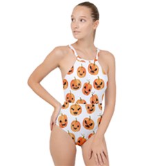 Orange Carved Pumpkins, Adoxali, Halloween High Neck One Piece Swimsuit by kyorashop23