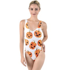 Orange Carved Pumpkins, Adoxali, Halloween High Leg Strappy Swimsuit by kyorashop23