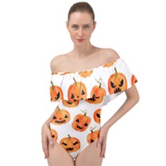 Orange Carved Pumpkins, Adoxali, Halloween Off Shoulder Velour Bodysuit  by kyorashop23