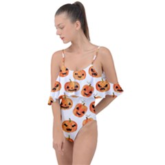 Orange Carved Pumpkins, Adoxali, Halloween Drape Piece Swimsuit by kyorashop23