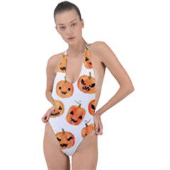 Orange Carved Pumpkins, Adoxali, Halloween Backless Halter One Piece Swimsuit by kyorashop23