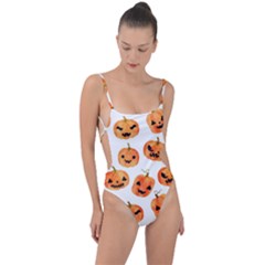 Orange Carved Pumpkins, Adoxali, Halloween Tie Strap One Piece Swimsuit by kyorashop23