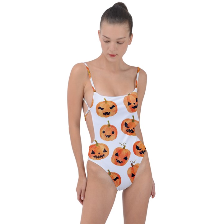 Orange Carved Pumpkins, Adoxali, Halloween Tie Strap One Piece Swimsuit