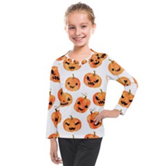 Orange Carved Pumpkins, Adoxali, Halloween Kids  Long Mesh T-shirt