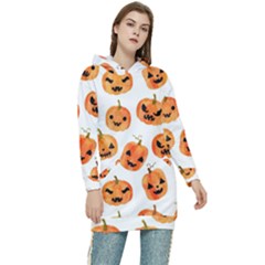 Orange Carved Pumpkins, Adoxali, Halloween Women s Long Oversized Pullover Hoodie