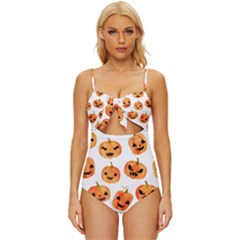 Orange Carved Pumpkins, Adoxali, Halloween Knot Front One-piece Swimsuit by kyorashop23