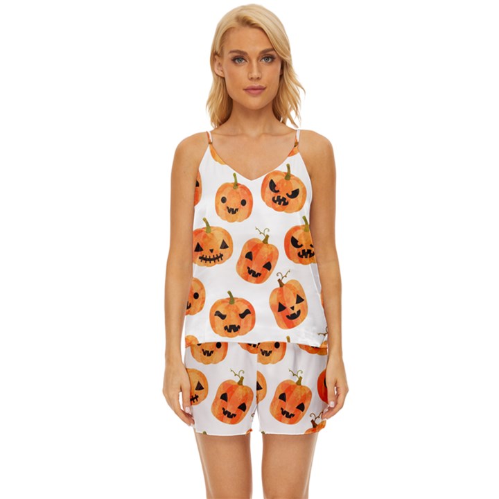 Orange Carved Pumpkins, Adoxali, Halloween V-Neck Satin Pajamas Set