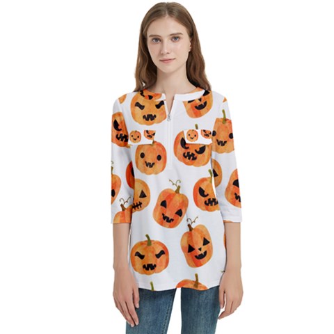 Orange Carved Pumpkins, Adoxali, Halloween Women s Zip Front V-neck 3/4 Sleeve Casual Top Pocket Shirt by kyorashop23