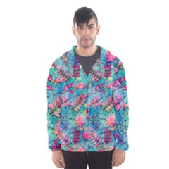 Pink On Blue Leaves Men s Hooded Windbreaker