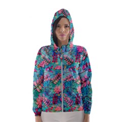 Pink On Blue Leaves Women s Hooded Windbreaker