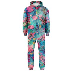 Pink On Blue Leaves Hooded Jumpsuit (men)