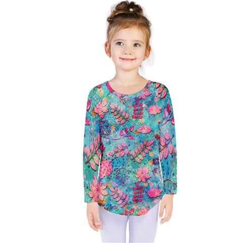 Pink On Blue Leaves Kids  Long Sleeve T-shirt by kyorashop23