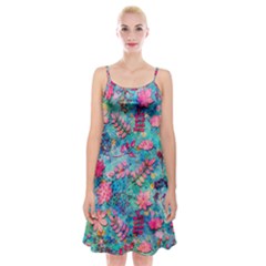 Pink On Blue Leaves Spaghetti Strap Velvet Dress