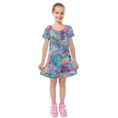 Pink On Blue Leaves Kids  Short Sleeve Velvet Dress