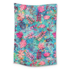 Pink On Blue Leaves Large Tapestry