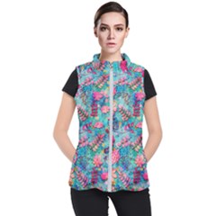 Pink On Blue Leaves Women s Puffer Vest