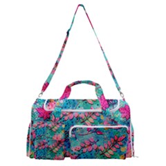 Pink On Blue Leaves Sports Gym Duffle Bag With Shoe Compartment by kyorashop23