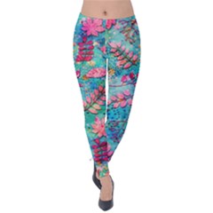 Pink On Blue Leaves Velvet Leggings