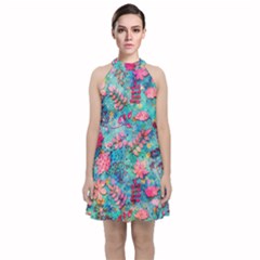 Pink On Blue Leaves Velvet Halter Neckline Dress 