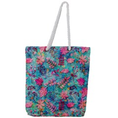 Pink On Blue Leaves Full Print Rope Handle Tote (large) by kyorashop23