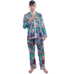 Pink On Blue Leaves Men s Long Sleeve Satin Pajamas Set by kyorashop23