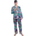 Pink On Blue Leaves Men s Long Sleeve Satin Pajamas Set View1