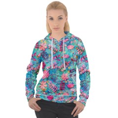 Pink On Blue Leaves Women s Overhead Hoodie