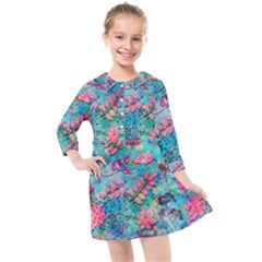 Pink On Blue Leaves Kids  Quarter Sleeve Shirt Dress by kyorashop23