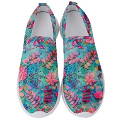 Pink On Blue Leaves Men s Slip On Sneakers