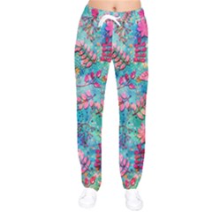 Pink On Blue Leaves Women Velvet Drawstring Pants