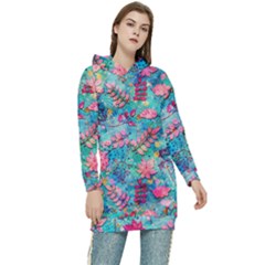 Pink On Blue Leaves Women s Long Oversized Pullover Hoodie