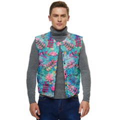 Pink On Blue Leaves Men s Button Up Puffer Vest	