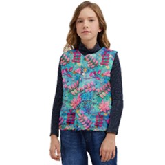 Pink On Blue Leaves Kid s Button Up Puffer Vest	