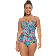 Pink On Blue Leaves Retro Full Coverage Swimsuit by kyorashop23