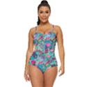 Pink On Blue Leaves Retro Full Coverage Swimsuit View1