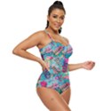 Pink On Blue Leaves Retro Full Coverage Swimsuit View3