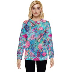 Pink On Blue Leaves Hidden Pocket Sweatshirt