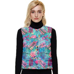 Pink On Blue Leaves Women s Button Up Puffer Vest